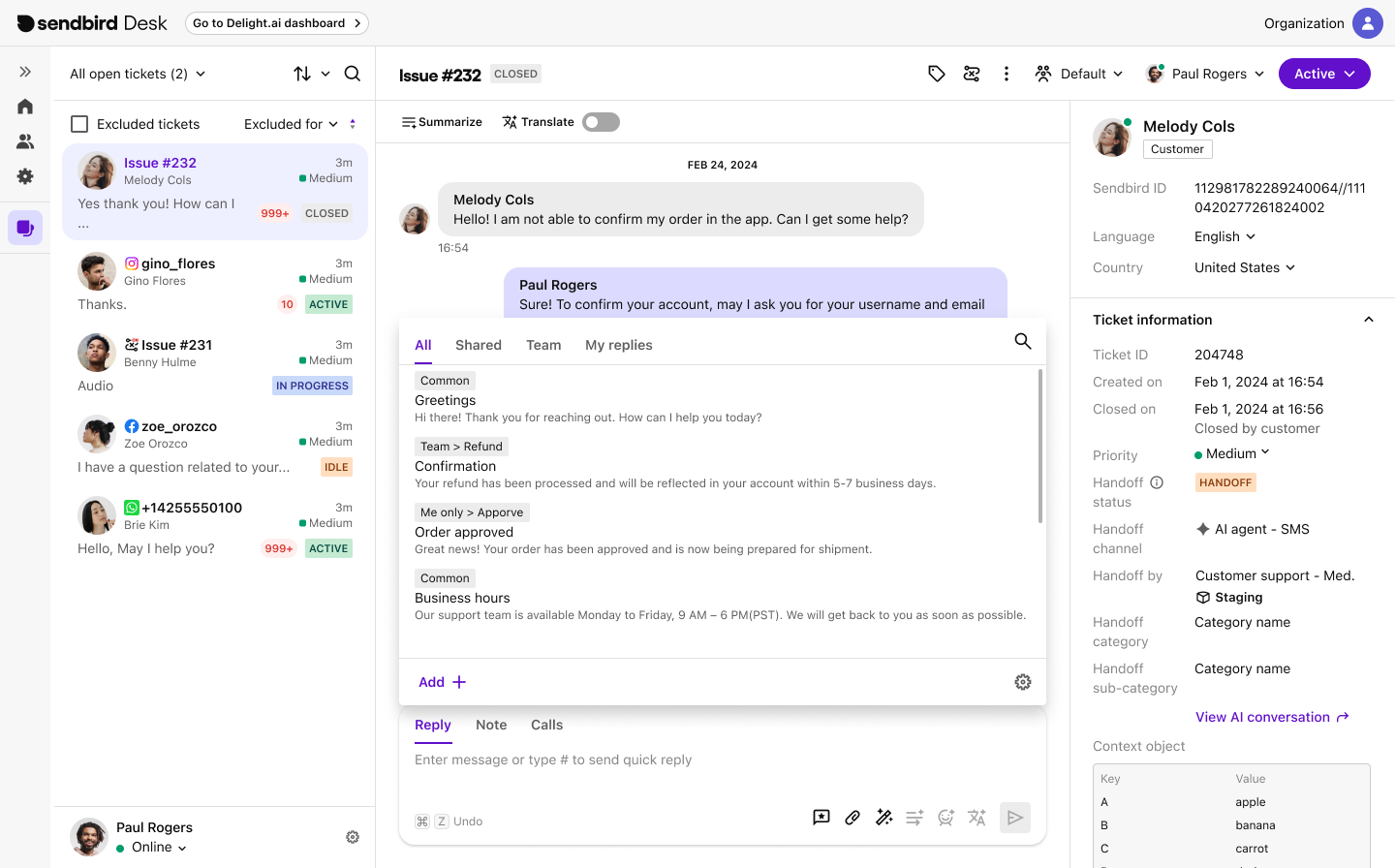 Image|Showing the quick replies panel in the Ticket details view