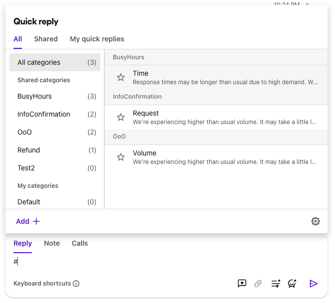 Image|Showing the quick replies panel in the Ticket details view