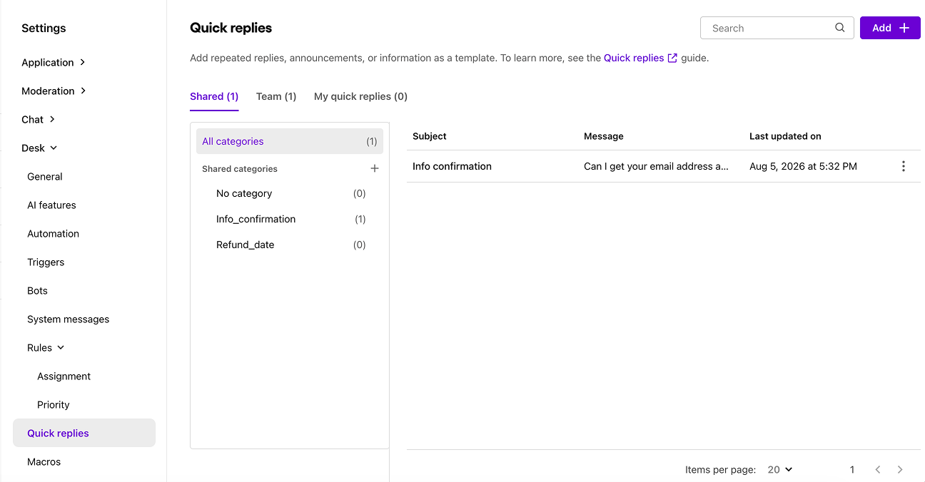 Image|Showing quick replies settings page