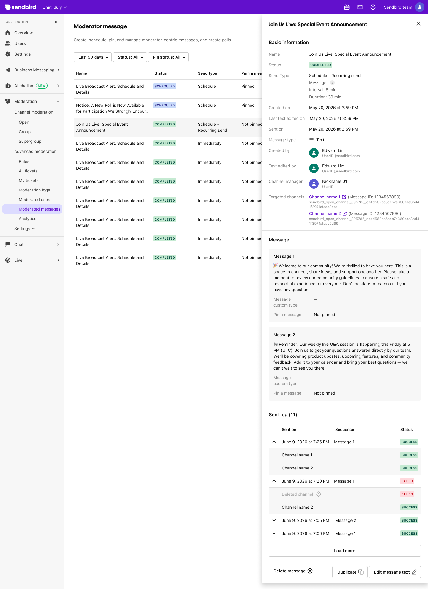 image|Dashboard screen showing the moderator messages list with a detail panel open, including message templates and sent log.