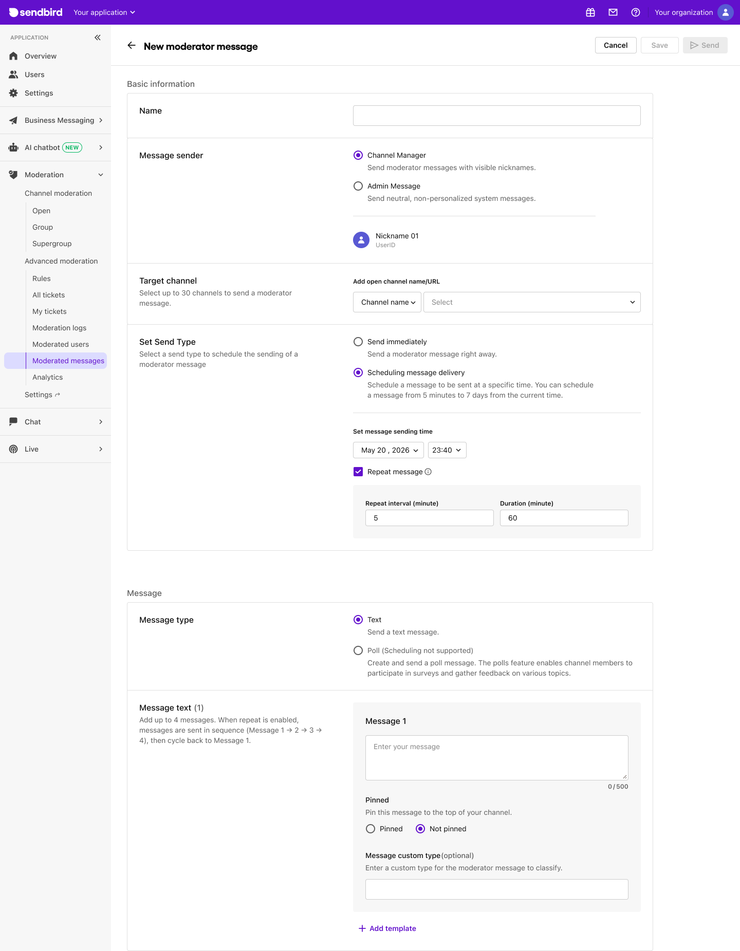 image|Dashboard screen showing the repeat message settings with interval and duration fields.