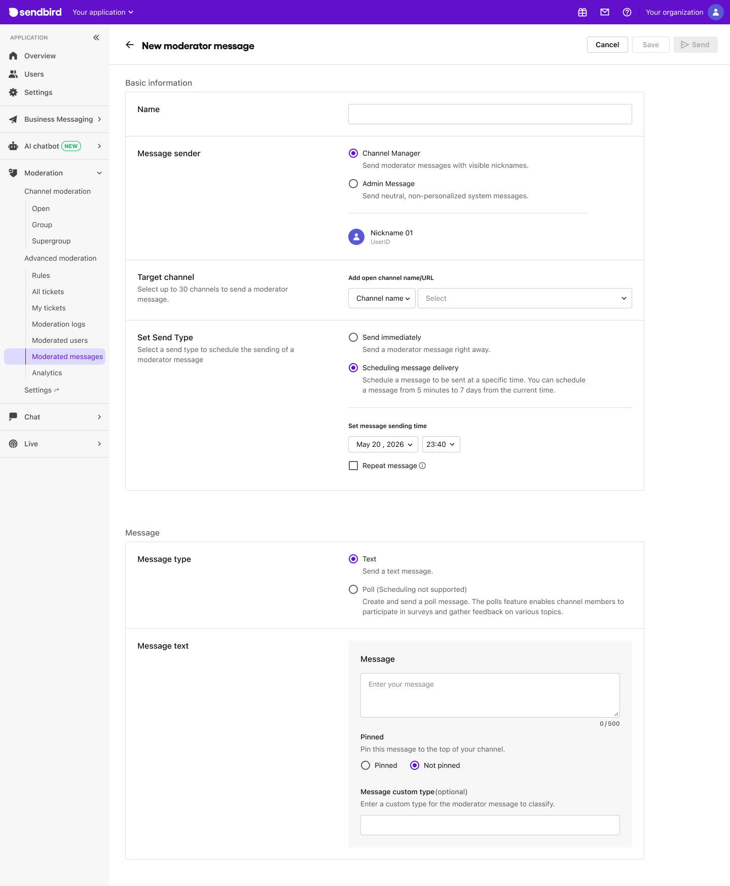 image|Dashboard screen showing the new moderator message form with basic information fields.
